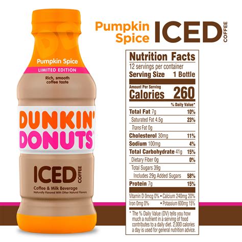 Dunkin&x27; bottles also have between 250 calories and 270 calories per bottle, depending on the flavor, while each canned drink has 200 calories. . Dunkin nutrition facts